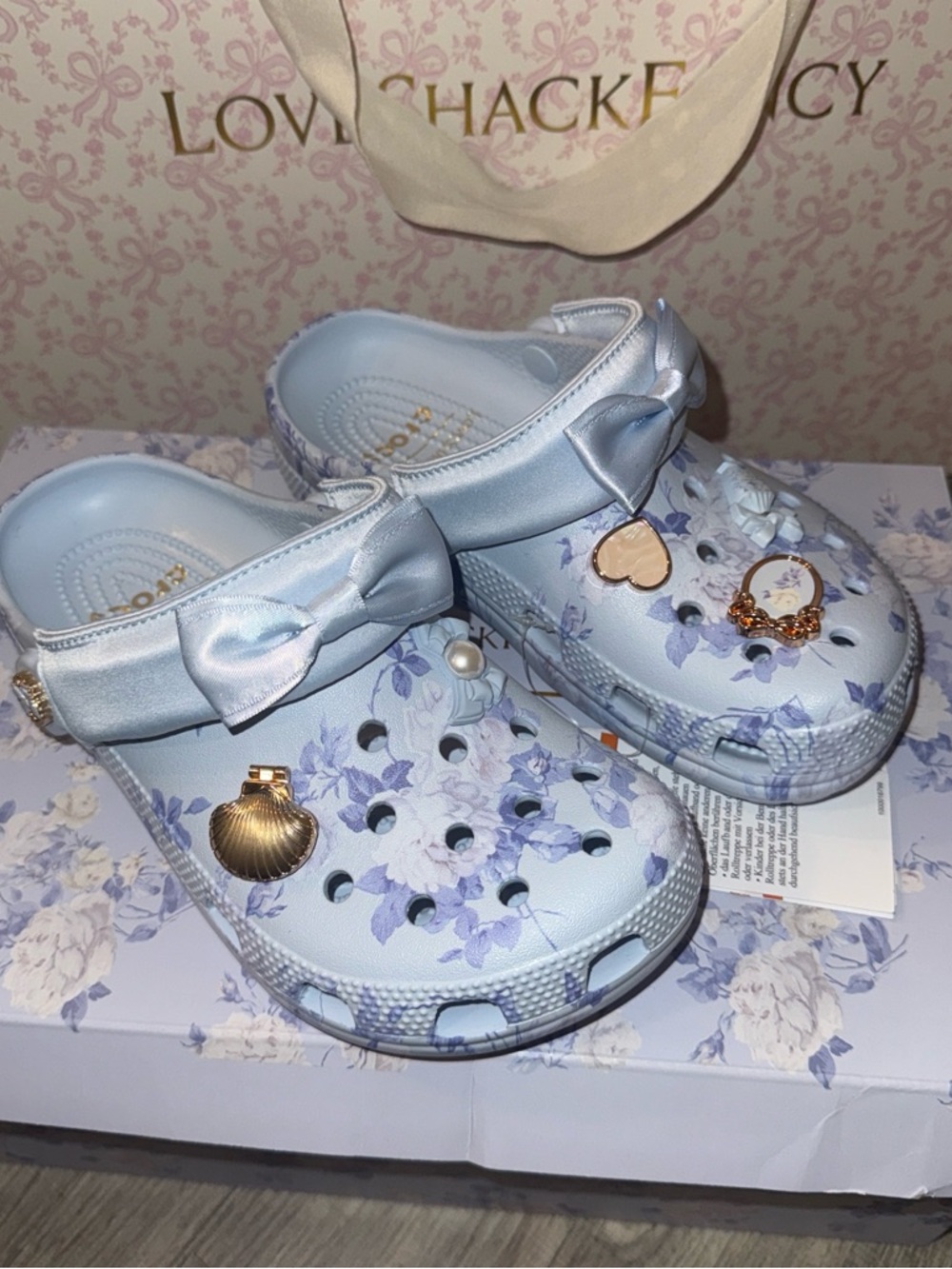 Women’s Light Blue Floral Clog Sandals with Bow love shack fancy